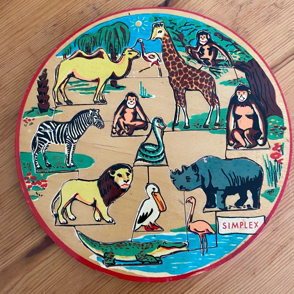 Simplex Vintage 60s Wooden Circle Animal Puzzle. Made in Holland.